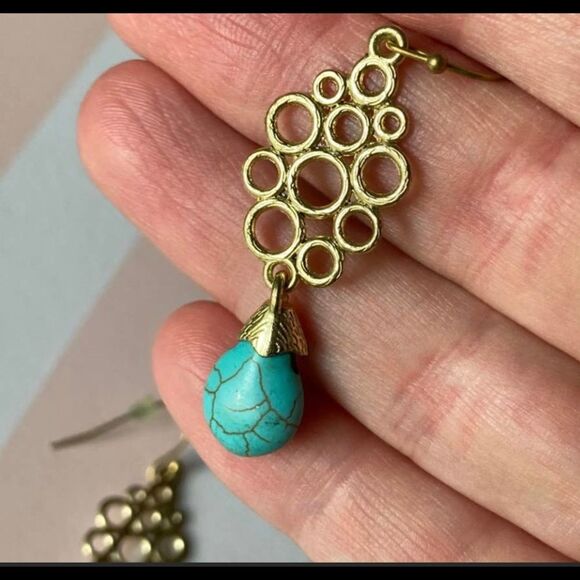 Gold tone faux turquoise fish hook earrings - Picture 3 of 8